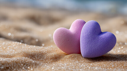 Fototapeta premium Two Candy Hearts on a Beach with Gentle Sunlight