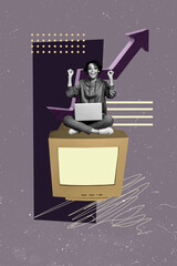 Vertical zine artwork pop trend collage of happy businesswoman freelancer hold laptop sit pc monitor arrow development aim achievement