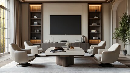 A sophisticated modern living room featuring comfortable armchairs arranged around a stylish coffee