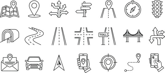Fototapeta premium Navigation and travel icons including maps, roads, compass, car, and traffic signals.