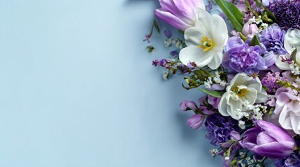 A bouquet of colorful spring flowers arranged on a light blue surface.
