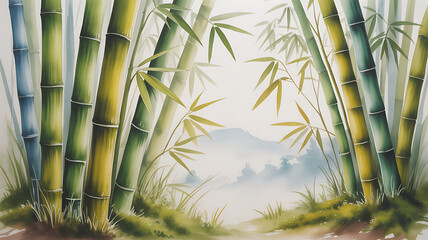 The watercolor painting features bamboo leaves and stalks in a serene, nature-inspired composition, with soft green, blue, and yellow tones, delicate brush strokes, and abstract background textures.
