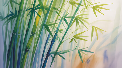 The watercolor painting features bamboo leaves and stalks in a serene, nature-inspired composition, with soft green, blue, and yellow tones, delicate brush strokes, and abstract background textures.