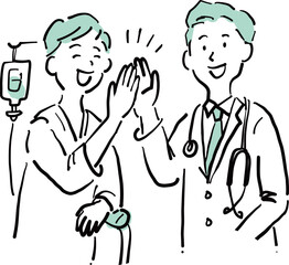 Recovered patient high-fiving doctor in hospital