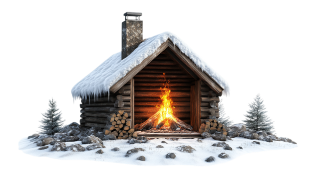 • A cozy winter cabin with a roaring fire and snow outside, isolated on white background in HD 