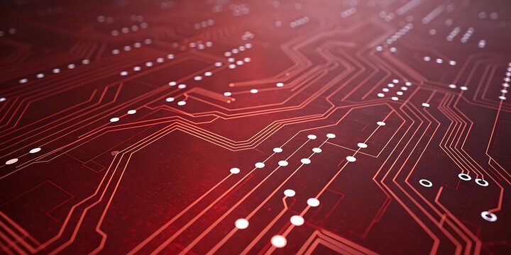 Intricate red circuit board pathways illuminated by subtle light creating a futuristic digital technology background