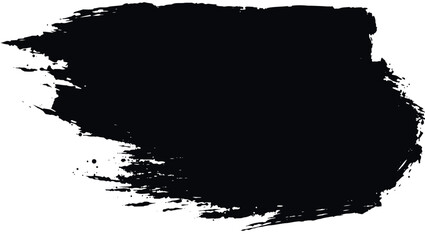 A bold black brush stroke creates a textured abstract shape with rough edges on a clean white background