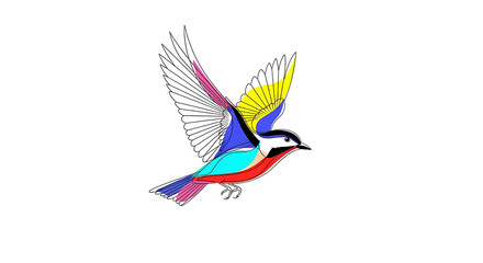 Obraz premium A colorful bird illustration with wings spread in flight, showcasing vibrant hues of red, blue, yellow, and pink against a white background.