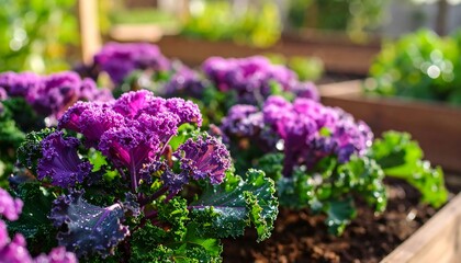 Vibrant purple kale in raised garden beds