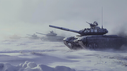 Cold War Era Tanks in Snowy Wasteland: Bleak, Dramatic Winter Scene