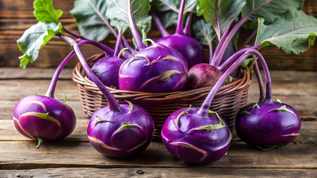 Fresh purple kohlrabi vegetables in a basket - Powered by Adobe