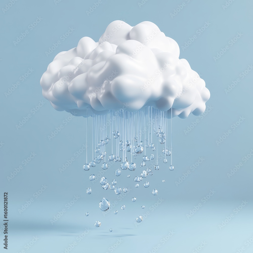 Poster a whimsical cloud floating above with delicate rain droplets, creating a serene visual. this image c