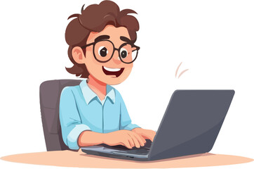 Cartoon Student Studying Online With Laptop For Remote Education In Vector Illustration