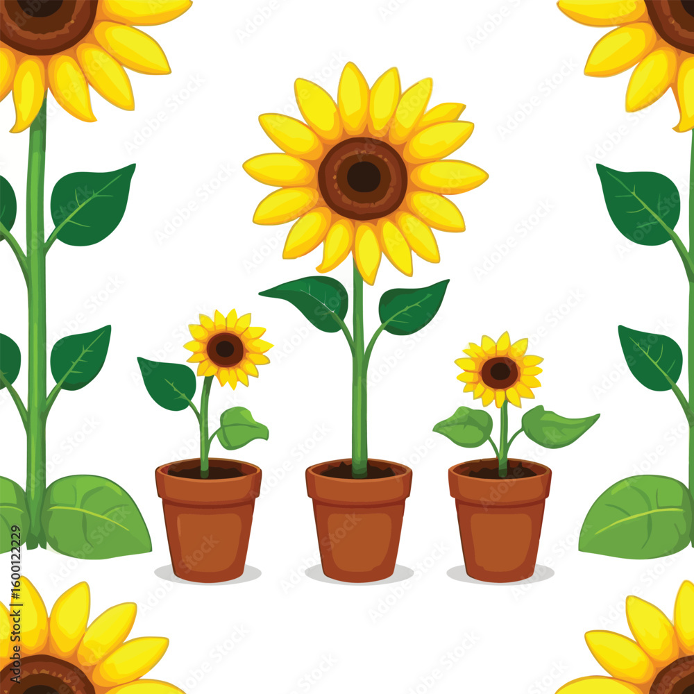 Poster Cheerful Cartoon Sunflowers Seamless Pattern For Backgrounds A Delightful Repeat Pattern Of Potted Sunflowers In Varying Sizes Perfect For Adding A Bright And Playful Touch To Designs And Creative
