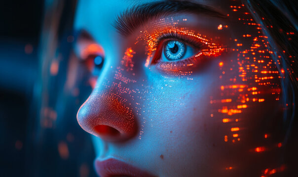 Close-up of female face with futuristic digital light projections and blue eye glowing in dark technology portrait - Powered by Adobe
