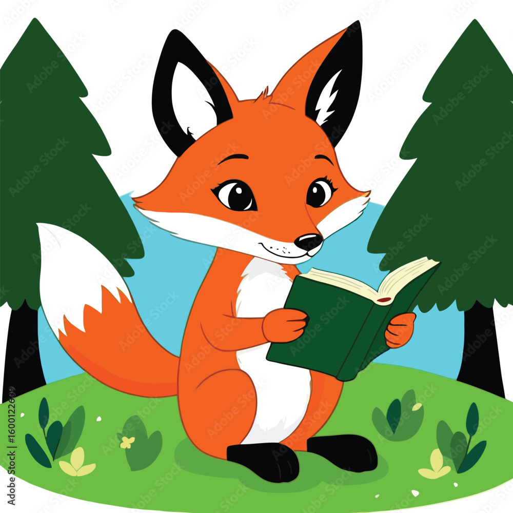 Poster cartoon fox reading book in forest illustration a cute and colorful digital art depiction of an anth
