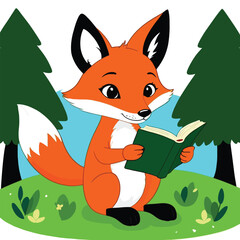 Obraz premium Cartoon Fox Reading Book In Forest Illustration A Cute And Colorful Digital Art Depiction Of An Anthropomorphic Fox Character Engrossed In Reading A Book Set In A Simple Forest Scene With A Playful