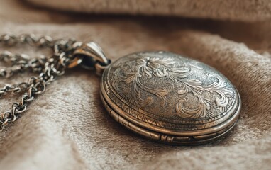 Vintage oval locket pendant jewelry on fabric for fashion or gift ideas