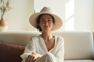 Stylish Asian Woman in Minimalist Living Room