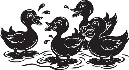 Fototapeta premium Four black ducklings splashing in water ducks swimming