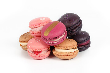 Colorful assortment of macarons isolated on a white background