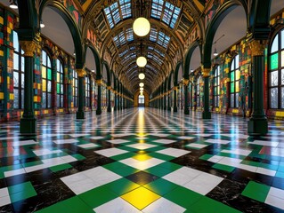 Grand Hallway with Checkered Floor and Stained Glass Windows