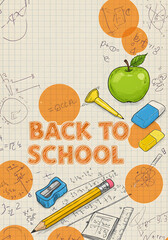 Welcome Back to school horizontal banner, doodle on checkered paper background, vector, illustration. wallpaper, A vibrant graphic design of a "Back to School" banner on a grid paper background
