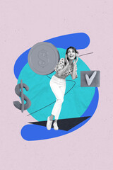 Poster photo vertical collage of happy businesswoman receive dollar coin capital income checkmark...