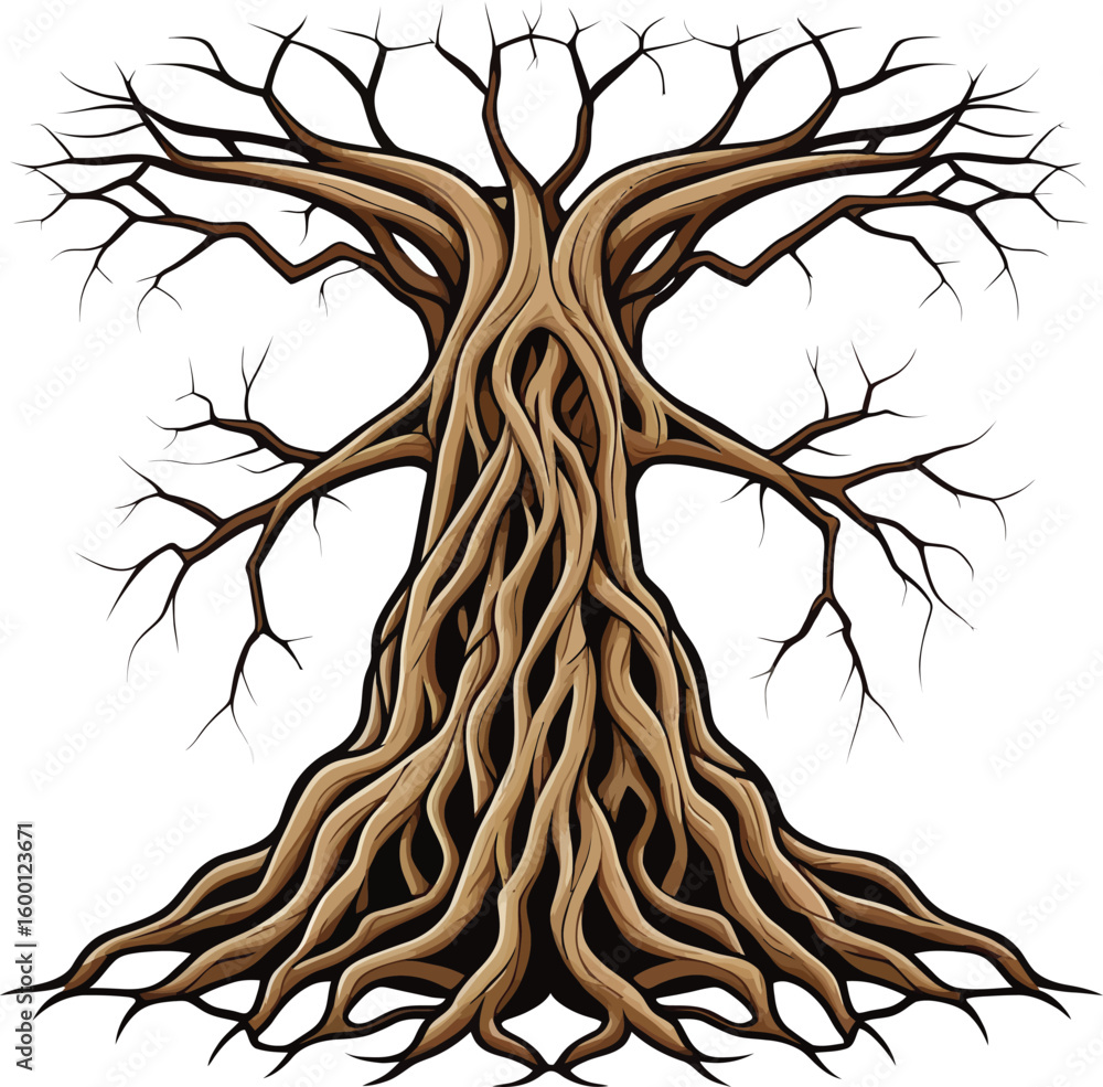 Poster stylized vector tree illustration a detailed depiction of a tree with intricate roots and bare branc
