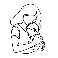Simple one line drawing  of mother and baby . Transparent background png file