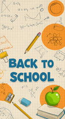Welcome Back to school horizontal banner, doodle on checkered paper background, vector, illustration. wallpaper, A vibrant graphic design of a "Back to School" banner on a grid paper background