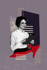 Banner sketch 3d vertical artwork collage of happy businesswoman surf tablet development career...