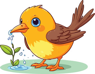 Fototapeta premium Adorable Cartoon Bird With Watering Plant Illustrating Nature And Growth In A Cheerful And Whimsical Art Style Perfect For Childrens Illustrations And Educational Resources