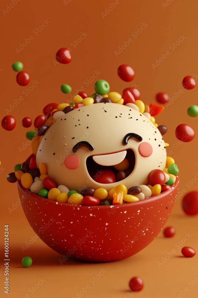 Poster a delightful smiling character surrounded by a vibrant assortment of colorful candies in a red bowl.