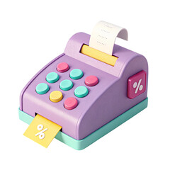 A cute cartoonish purple toy cash register with colorful buttons and a receipt isolated on transparent background