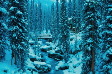 Winter wonderland scene in a snowy mountain forest.  A small bridge spans a rushing stream, with snow-dusted trees and rocky outcroppings.  A few figures are visible on the bridge