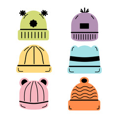  Set of cute winter hat and beanies style hand drawn colorful illustration collection