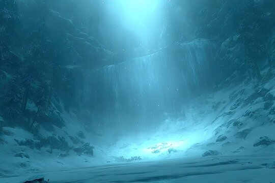 Icy cavern waterfall, ethereal glow