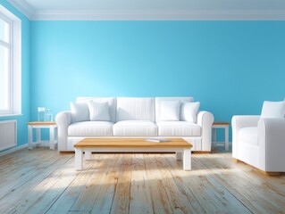 Light-filled living room with white furniture and a light blue wall.