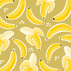 169.	Banana set seamless pattern with white outline. Single and peeled banana. Can be used for wallpaper, summer theme, paper wrapping and kid decoration