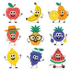 Collection of happy cartoon fruits with faces and arms on a white background