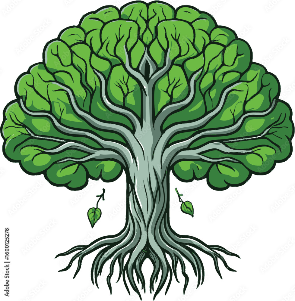 Poster stylized vector tree illustration with lush green foliage and intricate root system for symbolism an