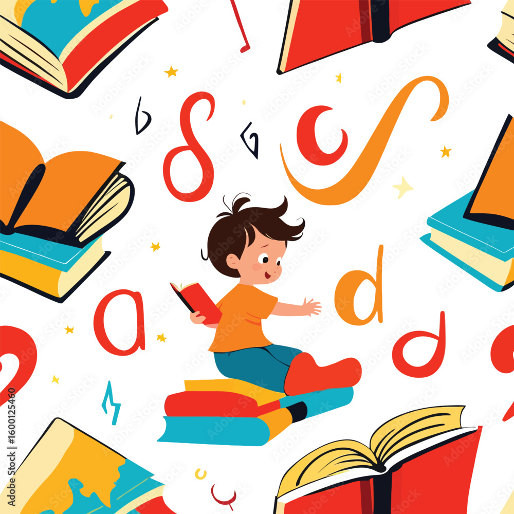 Poster fun cartoon seamless pattern of a boy reading a book and sitting on a stack of books with colourful 