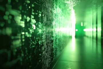 Digital corridor of glowing green data streams.