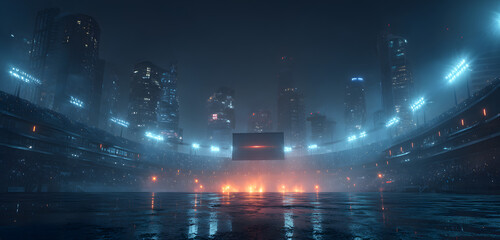 Futuristic sport arena with glowing led stadium lights. Large screen jumbotron stands, potential events. Modern city skyline, urban atmosphere. Neon glow, intense, mysterious, night view. Perfect for