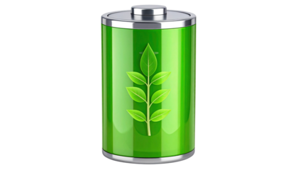 Battery with green energy icon fully charged, isolated on transparent background