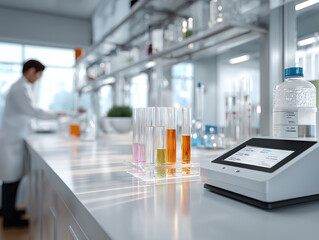  lab features colorful test tubes, a digital analyzer, and a researcher in the background, showcasing a high-tech environment for scientific experimentation