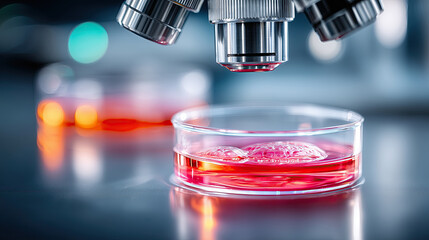 close-up view of a petri dish with a red cell culture medium beneath a microscope, representing advanced biological and medical research in a laboratory setting