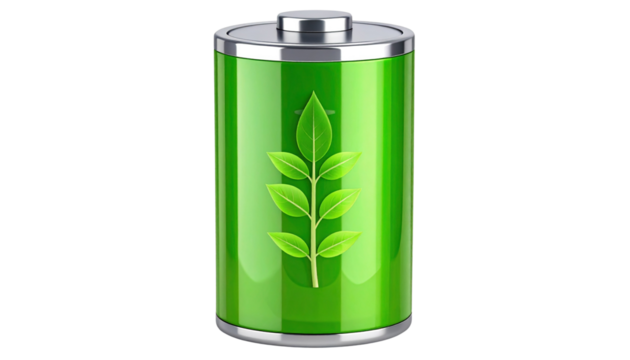 Battery with green energy icon fully charged, isolated on transparent background