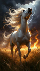Magnificent white fiery horse in a field against the background of thunderclouds, lightning and fire, close-up, year of the horse